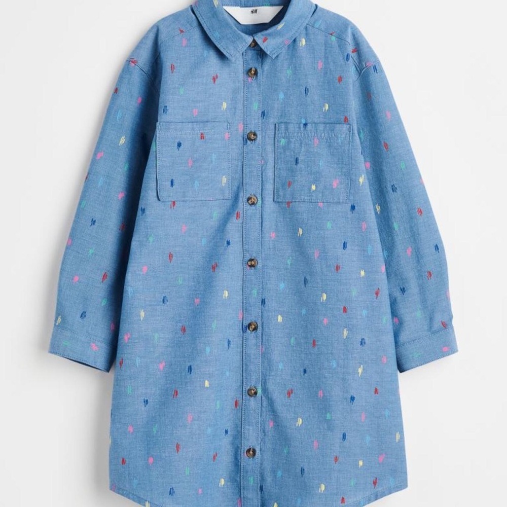 H&M Denim Blue Shirt Dress with Subtle Color Accents Throughout, Size 6